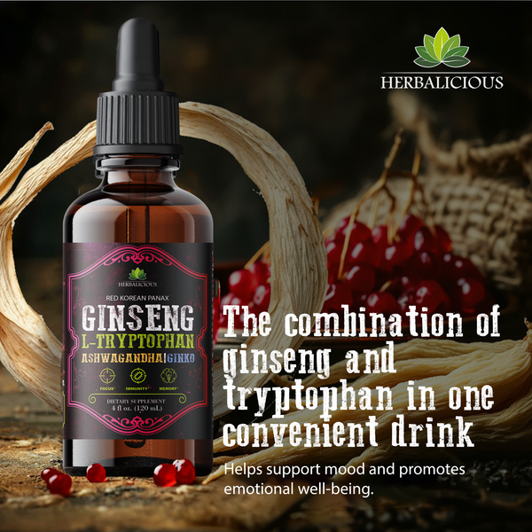 Ginseng L-Tryptophan Liquid Extract, Ashwagandha, Ginkgo, Red Korean Panax – Cognitive Support, Stress Relief, Energy Booster, 4 fl oz