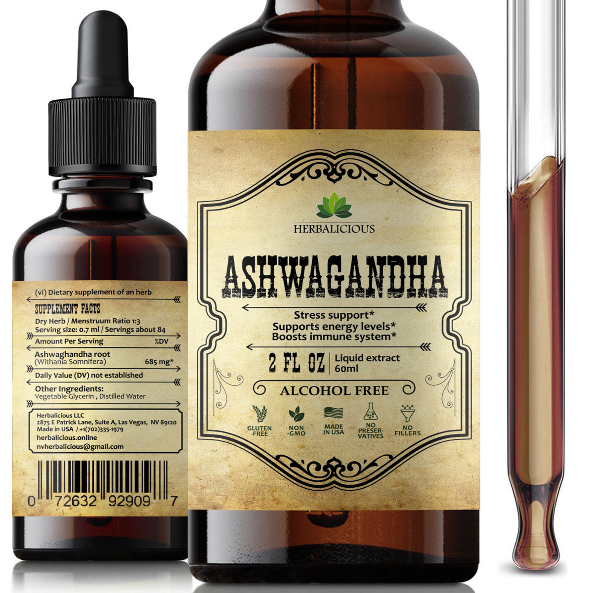 Ashwagandha Supplement Natural Withania Somnifera Root Extract Liquid Drops - Natural Stress Relief, Mood Booster, Sleep Aid & Calming Support 2Fl oz