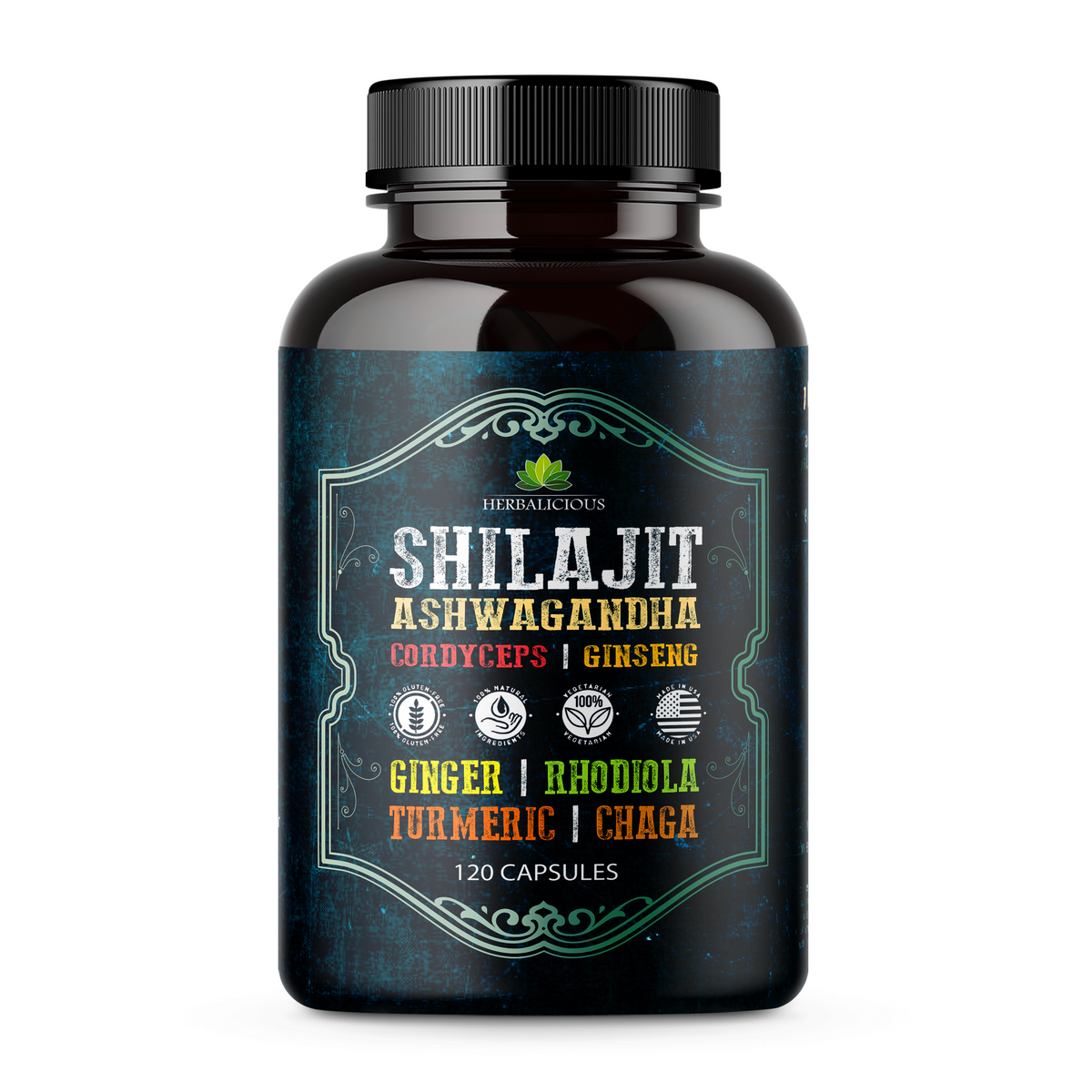 Shilajit Capsules with Ashwagandha, Cordyceps, Ginseng, Rhodiola, Turmeric, Chaga & Ginger – 8-in-1