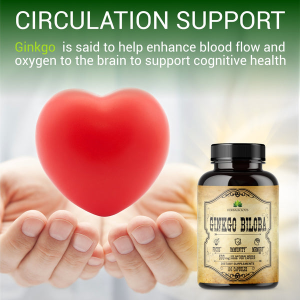 Ginkgo Biloba 100 Capsules - Daily Natural Nootropic Supplement to Support Mental Clarity, Focus, Memory Boost, Stress Relief, Heart & Brain