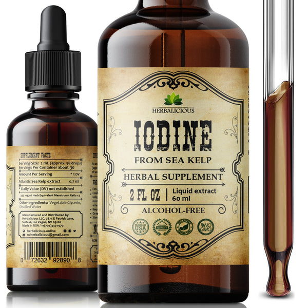 Natural Iodine Extract - Sea Kelp - Drops for Thyroid Function Support, Digestion, Energy Boost - Liquid Dietary Supplement - Vegetarian-Friendly Formula - 2oz Bottle