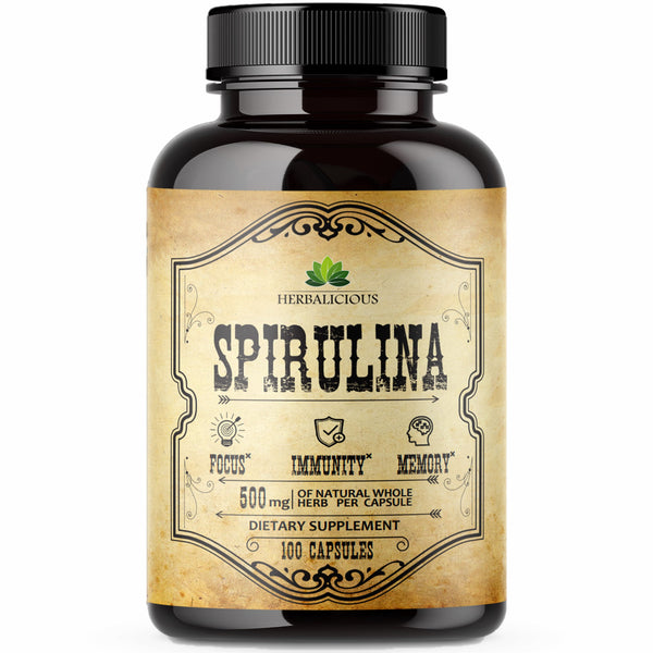 Spirulina 100 Capsules Blue Green Algae Extract with B Vitamins, Iron, Amino Acid&Antioxidants to Support Immune System Function