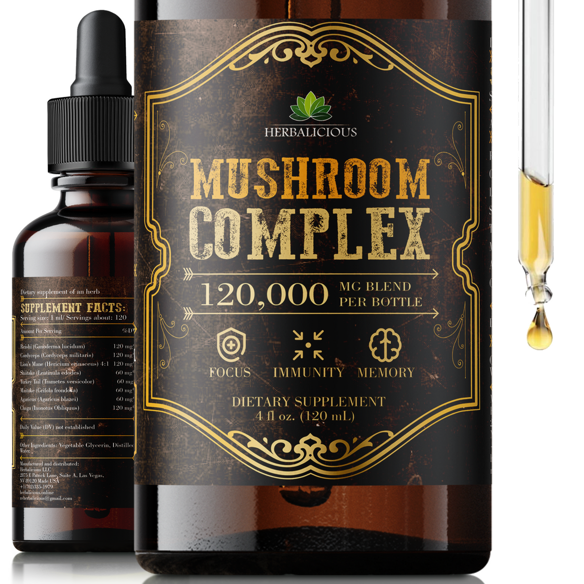 Mushroom Complex – 8 Mushroom Supplement for Focus, Memory, and Immune Support – High Potency 120,000mg Blend – Lion’s Mane, Reishi, Cordyceps, Turkey Tail, Chaga 4 fl oz