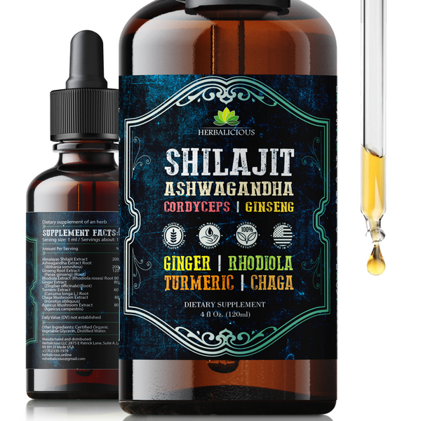 Shilajit Liquid Supplement with Ashwagandha, Cordyceps, Ginseng, Rhodiola, Turmeric, Chaga & Ginger – 8-in-1 Adaptogenic Herbal Drops for Energy, Stress Relief, Focus & Immune Support 4 fl oz