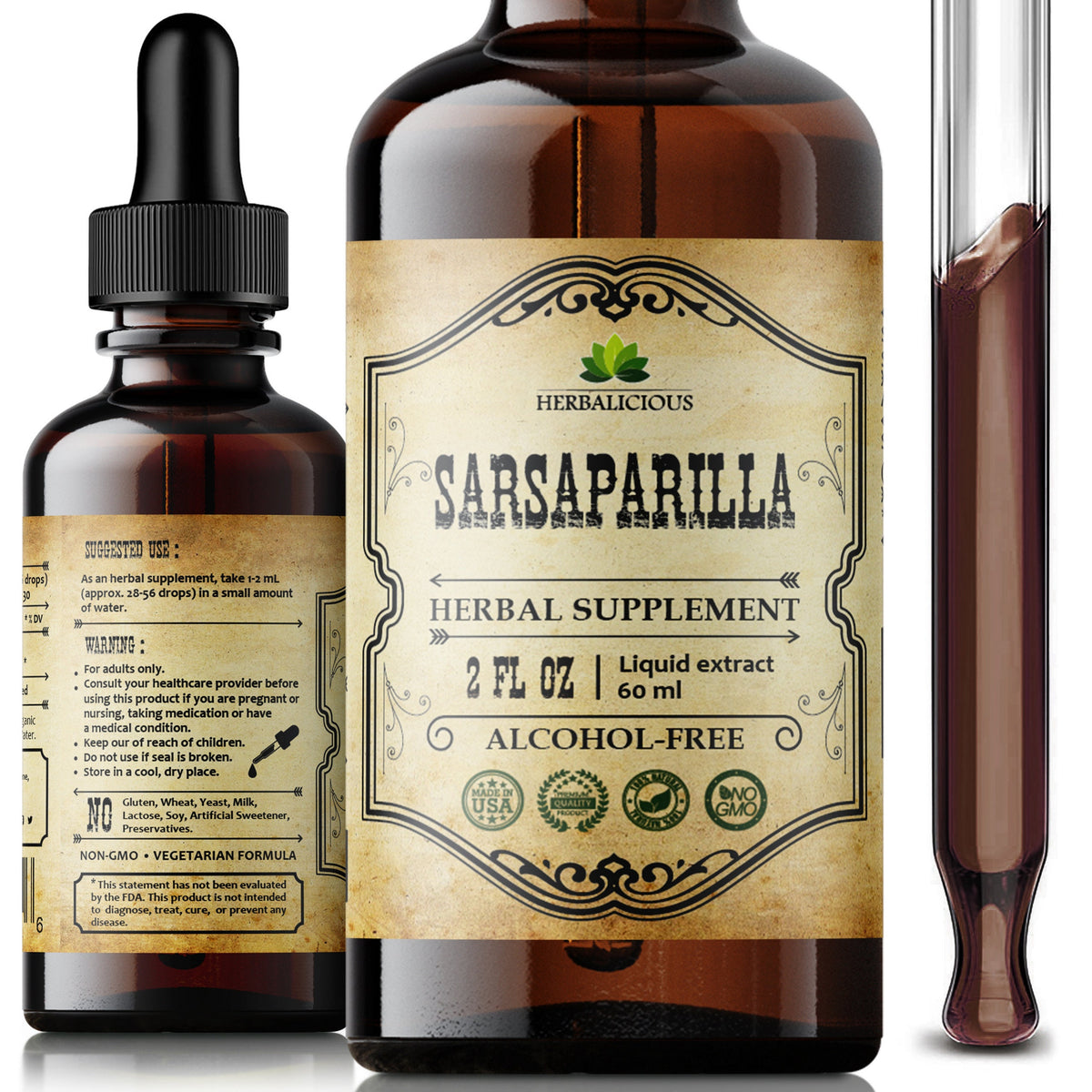 Sarsaparilla Root Extract 2oz - Smilax Ornata Herb Supplement, Non-GMO Support for Immunity, Skin, Kidney Function, Liver Wellness, Fillers