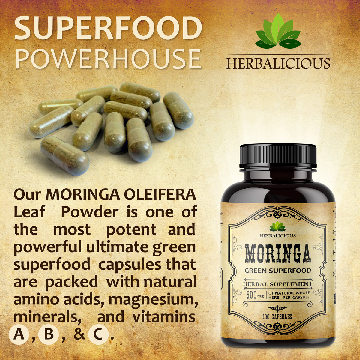 Moringa 100 Capsules - Amino Acid & Antioxidant-Rich Moringa Leaves Extract Superfood for Skin, Hair, Brain, Wellness -  Made in USA